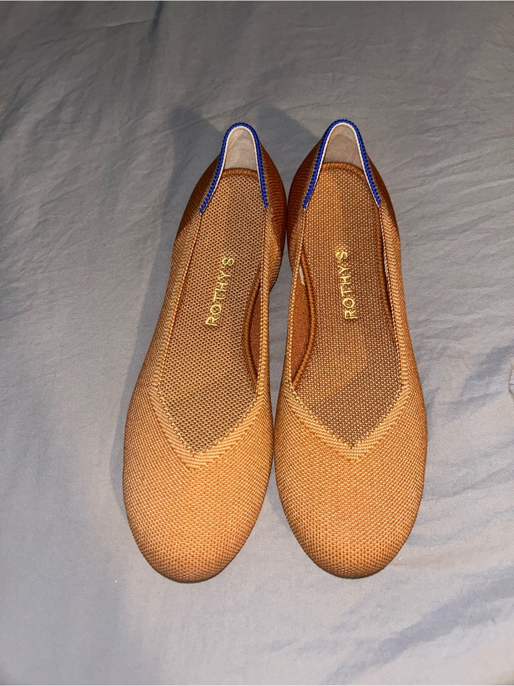 Rothy's Tan Flats with Blue Trim